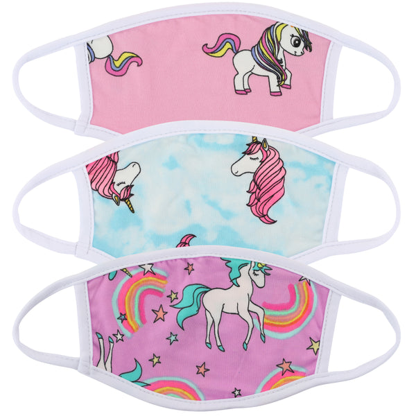 Childrens Washable Unicorn Print Variety Pack Cloth Face Masks-Made in USA- 3 Masks